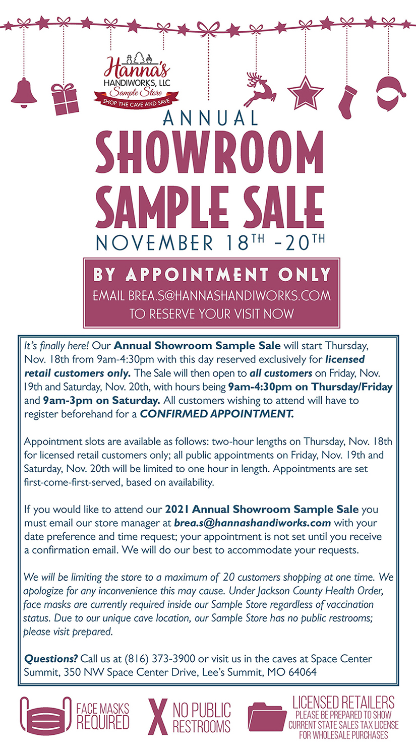 Hannas Handiworks Sample Store 2021 Annual Showroom Sample Sale
