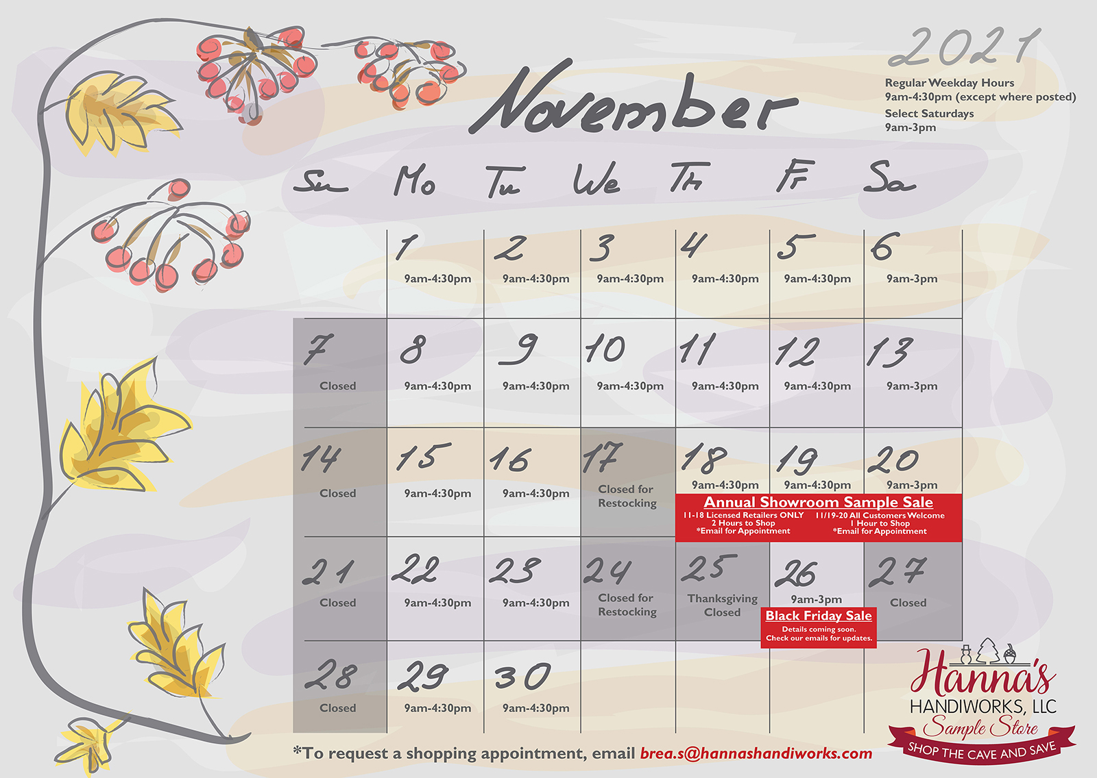 Hanna's Handiworks Sample Store November 2021 Calendar